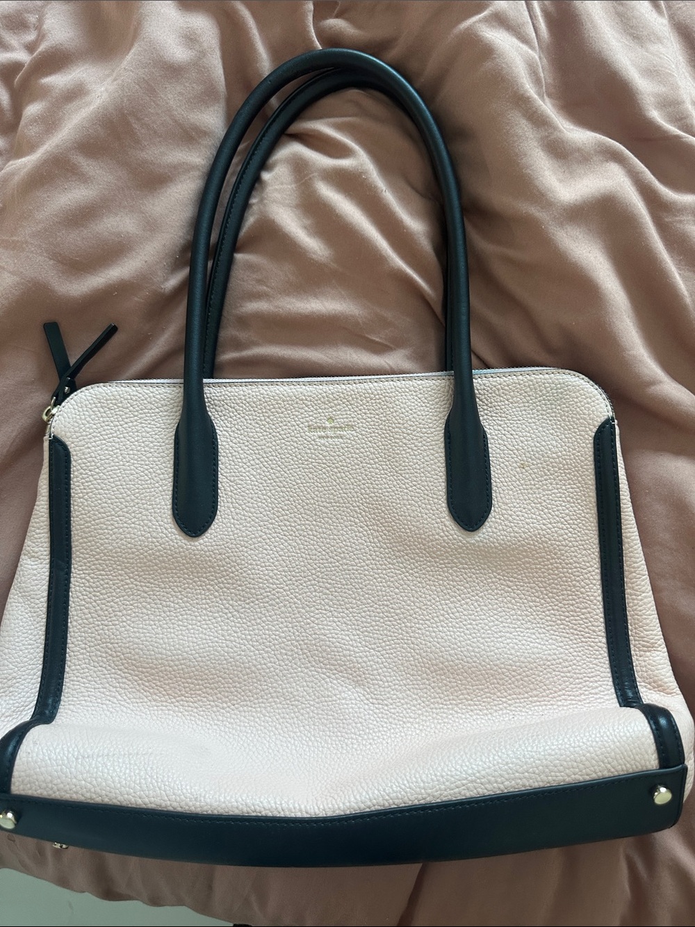 kate spade baby pink Pebbled Leather Tote with Black Trim.